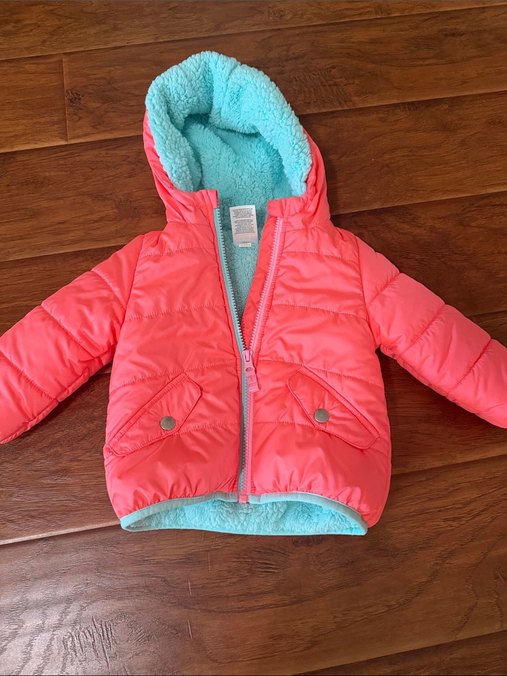 Carter's Coral Puffer Jacket with Aqua Sherpa Hood 12months